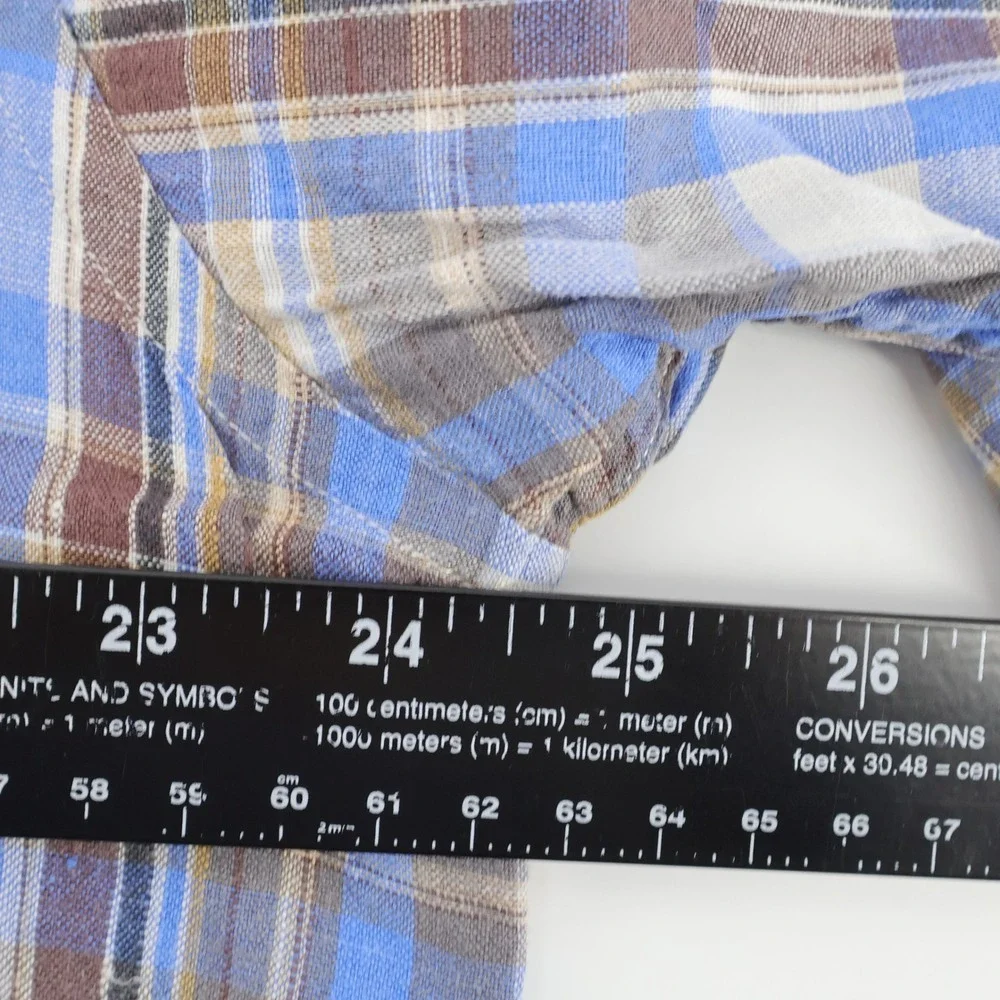 Bullock & Jones 100% Linen‎ Button Up Long Sleeve Shirt Blue Brown Plaid Mens XL